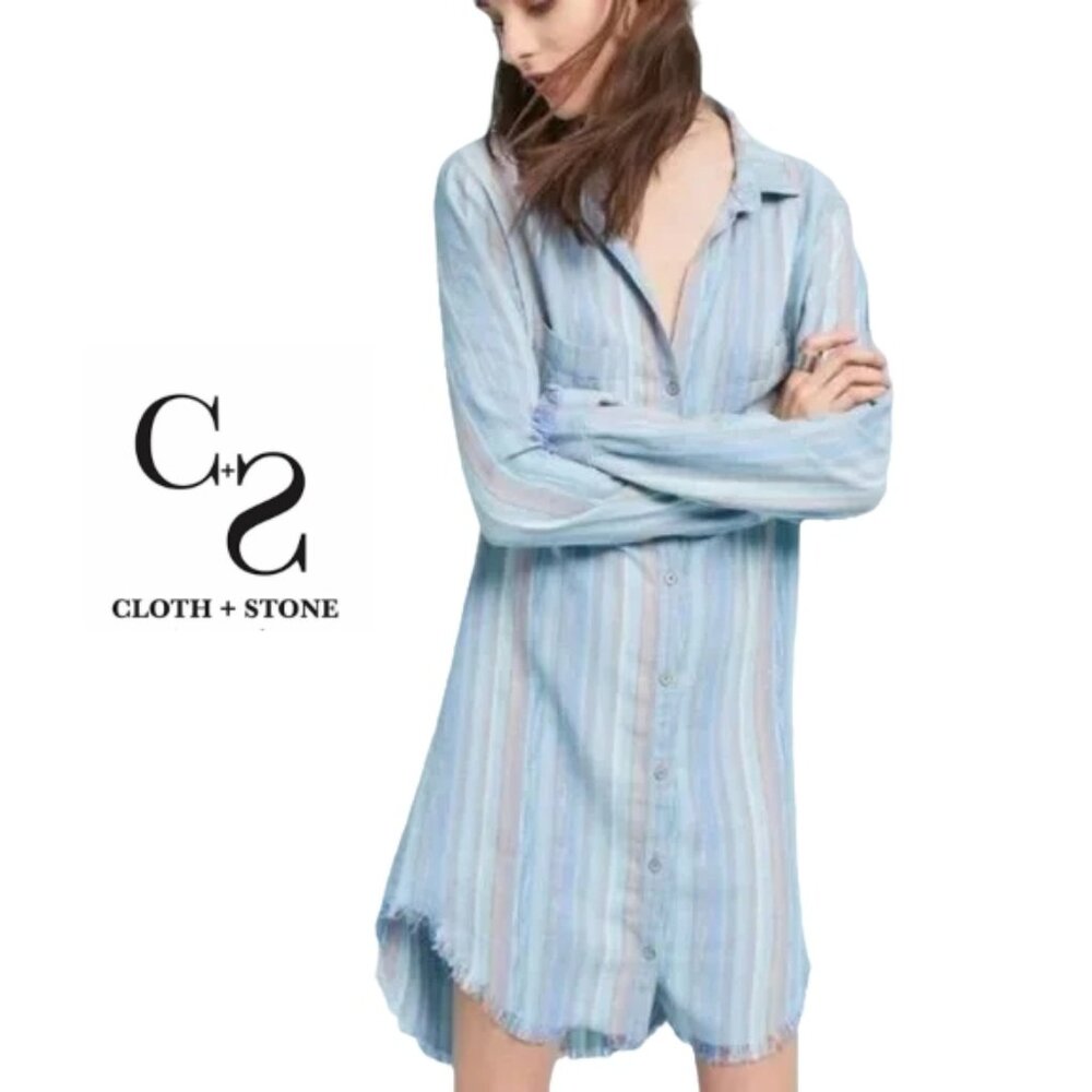 Anthropologie Cloth & Stone Raw Frayed Hem Button Down Stripe Shirt Dress